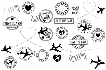 Love mail romantic stamps. Save the date. Basis elements on whie background - obrazy, fototapety, plakaty