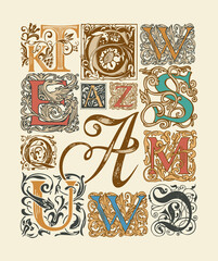 Obraz premium Vector set of ornate initial letters with Baroque ornaments. Hand-drawn vintage capital letters on a light background. Colored beautiful uppercase letters for monogram, logo, emblem, card, invitation