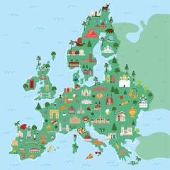 Illustrated map of Europe continent with famous landmarks and buildings. © Анастасия Красавина
