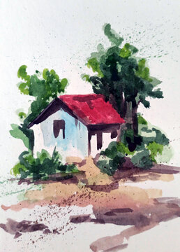watercolor landscape house in the village