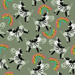 Seamless pattern with zebra and rainbow. Cartoon zebras for textiles, wallpaper, background. Vector illustration	
