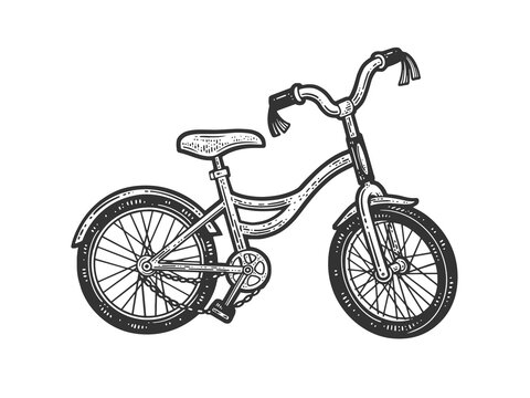 Broken kids bicycle line art sketch engraving vector illustration. T-shirt apparel print design. Scratch board imitation. Black and white hand drawn image.