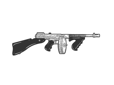 Thompson submachine gun line art sketch engraving vector illustration. T-shirt apparel print design. Scratch board imitation. Black and white hand drawn image.