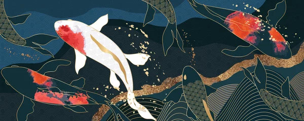 Foto op Canvas Aziatische achtergrond, Oosterse Japanse stijl abstract patroon achtergrondontwerp met koi vissen versieren in water kleur texture © babeer