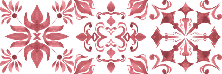 Set of watercolor illustrations - ceramic tile stylization with red ornaments. Azulejos portugal, Turkish ornament, Moroccan tile mosaic, Talavera ornament.