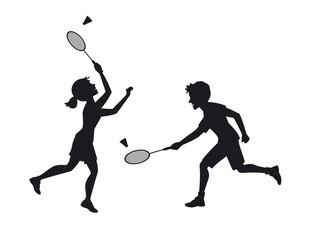 Fototapeta na wymiar man and woman badminton players silhouettes