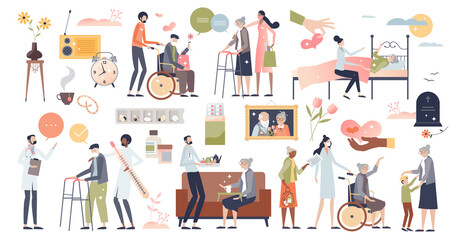 Elder care set with nursing or senior assistance elements tiny person concept. Retirement professional support items collection and group with medical or social help resources vector illustration.