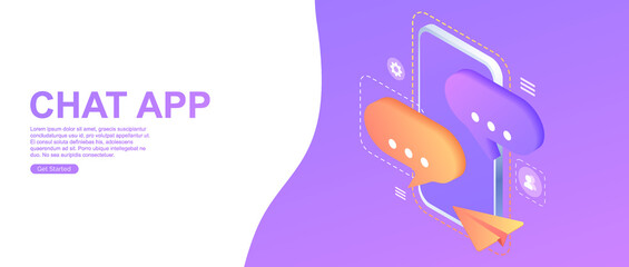 Chat app. Digital communication. Instant messenger vector illustration concept, mobile smartphone for chatting in social media. Landing page, template, web,  banner, homepage. Isometric