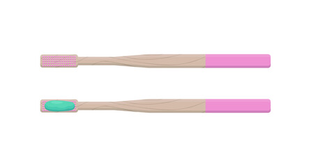 Set of bamboo toothbrush side view with toothpaste and bamboo toothbrush view from above with toothpaste vector illustration isolated on white background