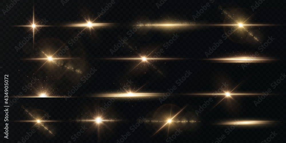 Poster Light png rays of light horizontal golden color with glare and flashes isolated on a transparent background.  Light star gold png. Light sun gold png. Light flash gold png.