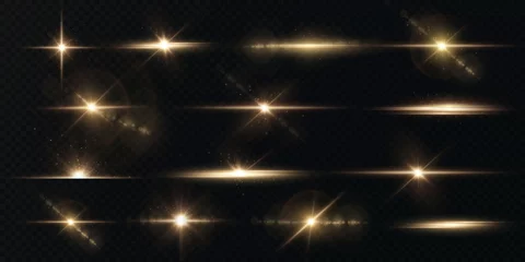 Fotobehang Light png rays of light horizontal golden color with glare and flashes isolated on a transparent background.  Light star gold png. Light sun gold png. Light flash gold png. © Sergey