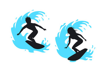Man and woman surfer silhouettes riding on a wave