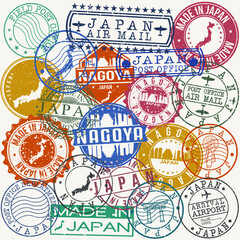 Nagoya Japan Set of Stamps. Travel Stamp. Made In Product. Design Seals Old Style Insignia.