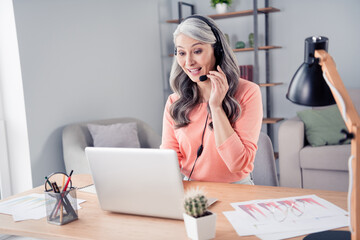 Photo of attractive aged woman happy positive smile call talk microphone look laptop work home...