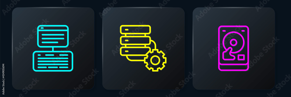 Aufkleber set line server, data, web hosting, hard disk drive hdd and and gear. black square button. vector
