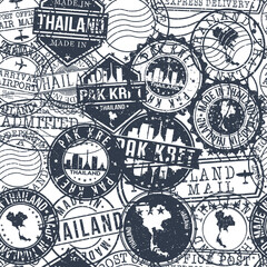 Naklejka premium Pak Kret Thailand Stamps Background. City Stamp Vector Art. Postal Passport Travel. Design Set Pattern.
