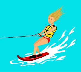 Woman riding wakeboard. extreme summer sport fun activity
