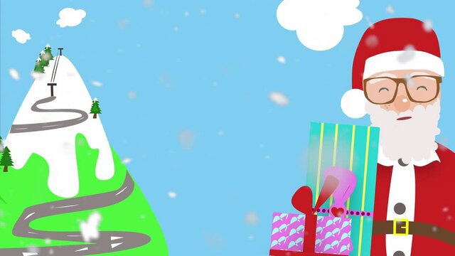 no&euml;l, p&egrave;re no&euml;l, cadeau, neige, animation, hiver, ski, motion d&eacute;signe, neiger, bonhomme de neige, vacances, arbre, illustration, flocon de neige, d&eacute;coration, c&eacute;l&eacute;bration, claus, blanc, froid, rouge, n