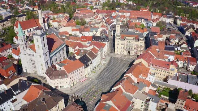 drone flight over Zittau city, market place and church
