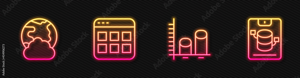 Poster set line data analysis, social network, browser files and server, data, web hosting. glowing neon ic