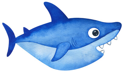Watercolor cute blue baby shark. Hand-drawn blue little shark with an open mouth. - obrazy, fototapety, plakaty
