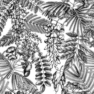 Floral backdrop with hand-sketched trees in flowers. Vintage background with blooming wisteria, mimosa, albizia, acacia. Floral pattern in retro style for fabric, packaging, wrapping.