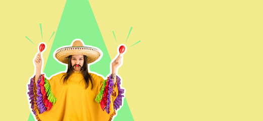Young pretty girl in bright garment and sombrero isolated over yellow background