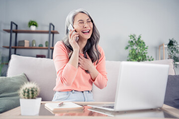 Portrait of elderly retired pensioner cheery woman using laptop sitting on divan communicating laughing at home house flat indoor