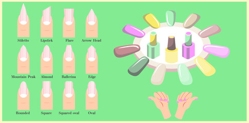 Types of nails and manicures in pastel colors.