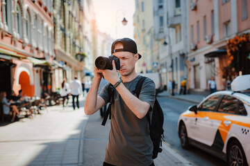 young guy black cap, man with camera center metropolis city takes pictures.