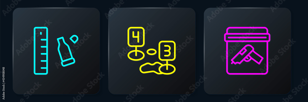 Poster set line bullet casing with ruler, evidence bag gun and marker of crime scene. black square button. 