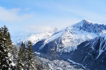 Plakat View from the top of Mont Blanc and the valley of Chamonix. France best winter destinations. 