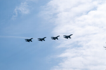 fighter jets in the blue sky. rehearsal of the victory parade. Airshow.