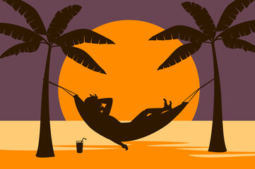 man relaxing in hammock on the beach at sunset silhouette.