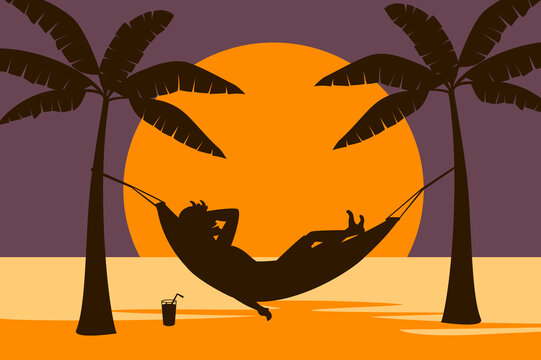 Man Relaxing In Hammock On The Beach At Sunset Silhouette.