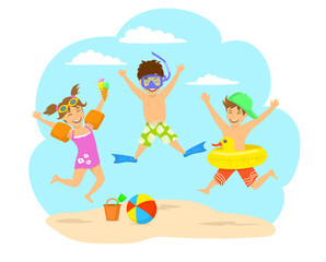 Obraz na płótnie Canvas Happy children, kids jumping for joy on the beach