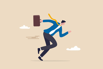 Business motivation or agility, success in fast change business competition, career challenge concept, confident motivated businessman holding briefcase running with full effort to win competition. - obrazy, fototapety, plakaty