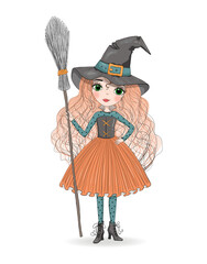 Cute cartoon witch in orange skirt and hat with a broom in hand. Hand drawn beautiful little Halloween Witch.