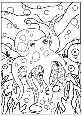 Vector illustration of coloring page. Sea animals: octopus with bubbles. Educational game for children coloring book. 