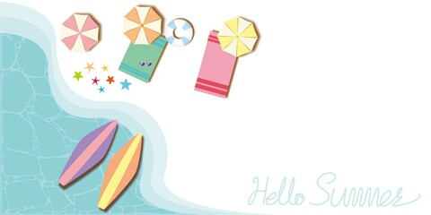 Summer vacation concept illustration. Summer Beach flat  view graphic design. Summer beach, beach party, marine supports, Surfing. Vector illustration.