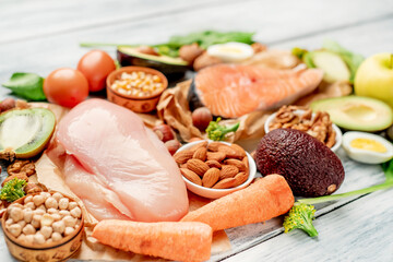 Natural, protein-rich food on a wooden background. Healthy food concept
