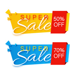 Sale banners set. Super sale text on yellow and blue background with 50 percent and 70 percent discounts. Beautiful lettering with shadow. Isolated on white. 