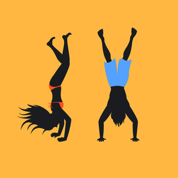 man and woman in swimwear stand on arms silhouettes