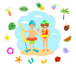 Obraz na płótnie Canvas funny couple man and woman in swimsuits eating ice cream drinking cocktails on vacation, summer time decoration around, pineapple, flip flops, tropical flowers, palm leaf, seashells, ice cream