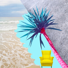 Contemporary collage. A view of a palm tree under which there is a yellow armchair against the background of the sea.