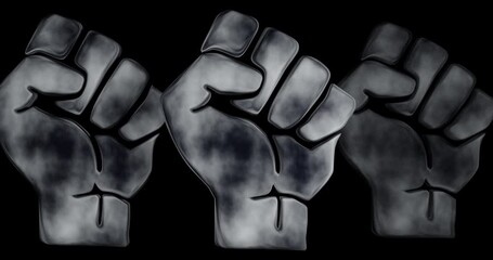 3d animation symbol of grey fist on black background. video showing protests around the world against racism, symbol against racism, black lives matter movement, protests, hands