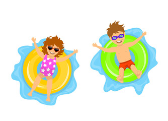 boy and gorl swimming on inflatable inner rings, top view, isolated