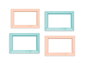Collection of colorful photo frames, four blank frameworks isolated on white background