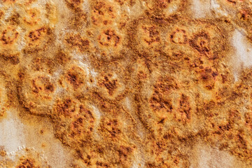 Rusty surface for the backdrop. Swollen paint. Circular patterns made of rust.