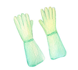 Watercolor garden rubber gloves, isolated on white background. Gardening tools Hand painted illustration. Gardener clothes instrument